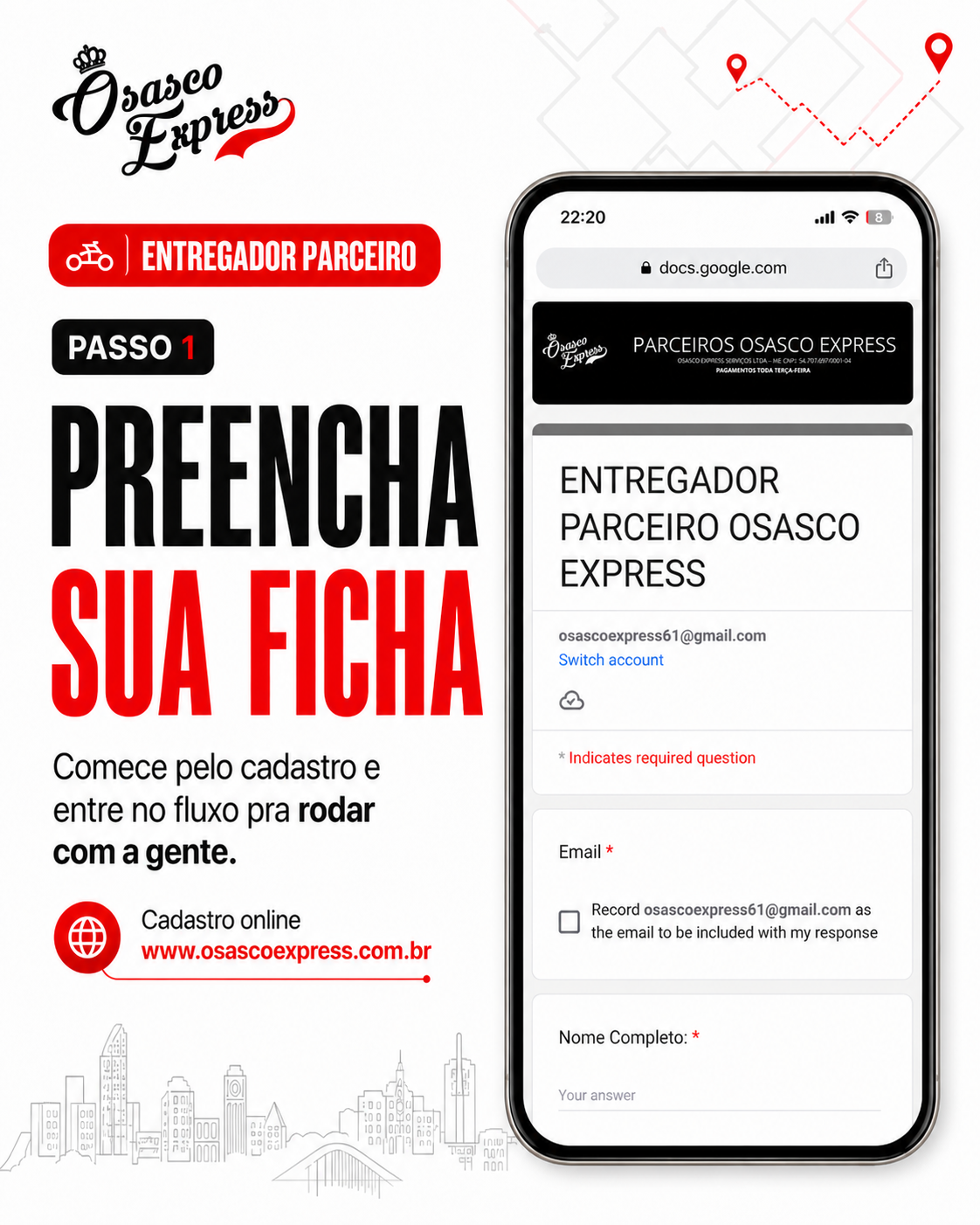 Passo 1 para entregador parceiro da Osasco Express: preencher ficha cadastral online